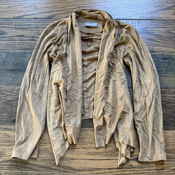 Bagatelle Faux Suede Open Front Drape Jacket Camel Brown Soft Stretch Sz S - Picture 1 of 5